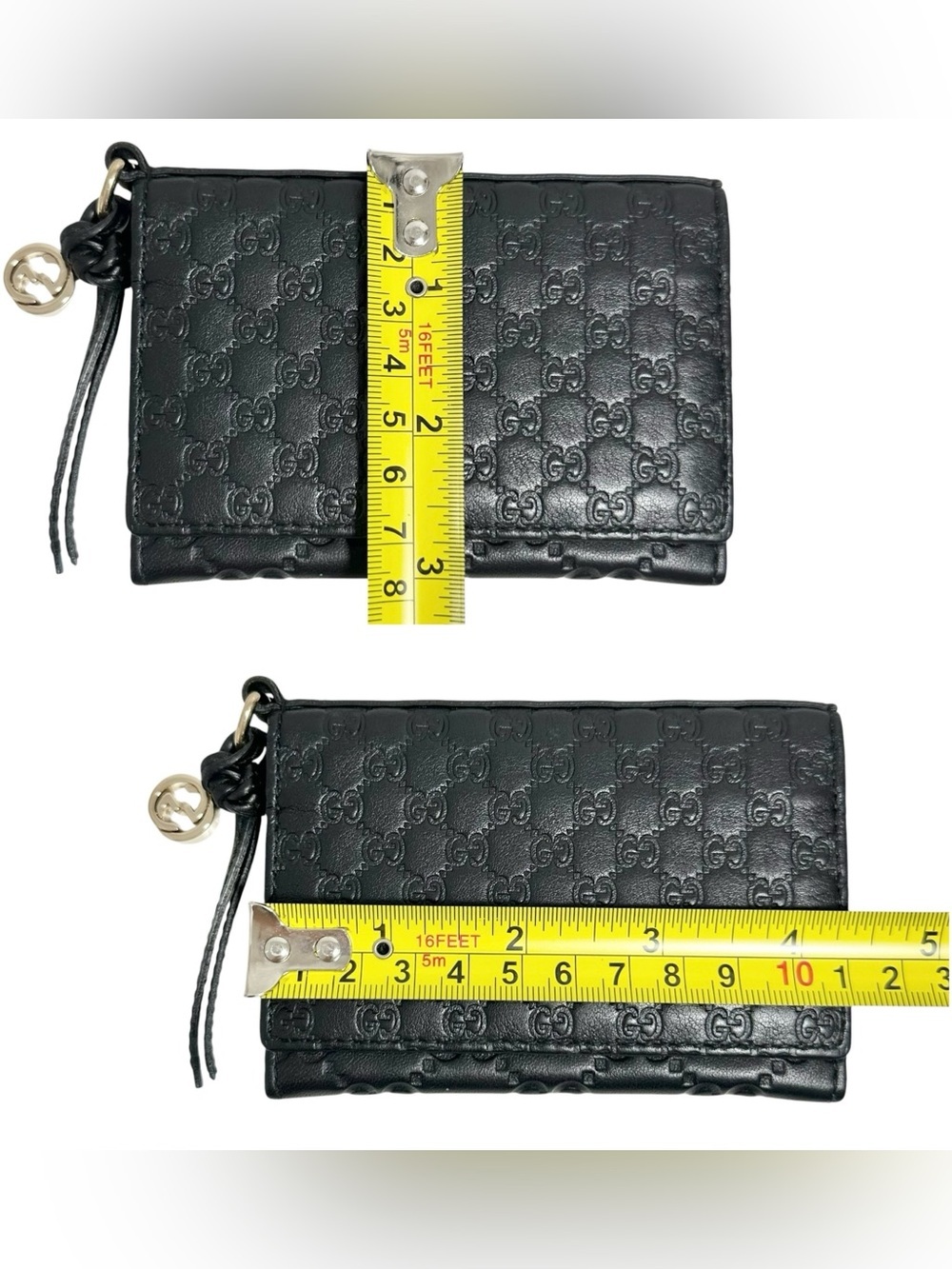 Gucci Black Microguccisima Embossed Monogram Leather & Gold GG Charm Card Holder - Picture 11 of 12